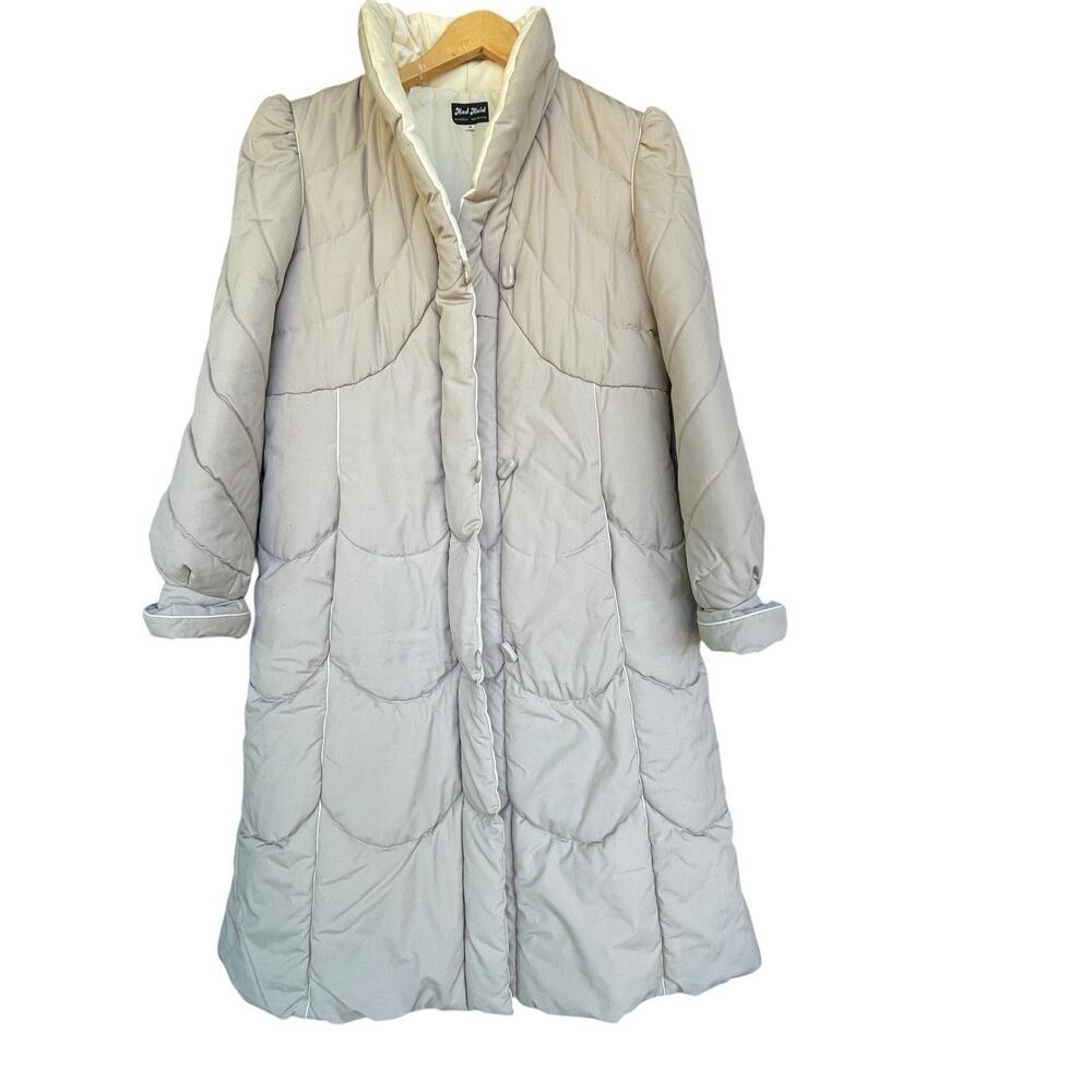 Vintage Mod Maid‎ Womens Puffer Coat Medium Beige Quilted 90s Pocket Retro